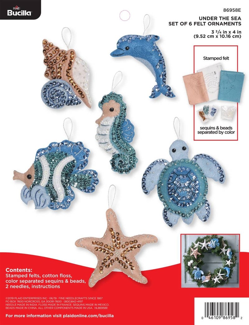 Bucilla Felt Applique Kit, 6 Piece Holiday Ornament Kit, Under The Sea - Image 1